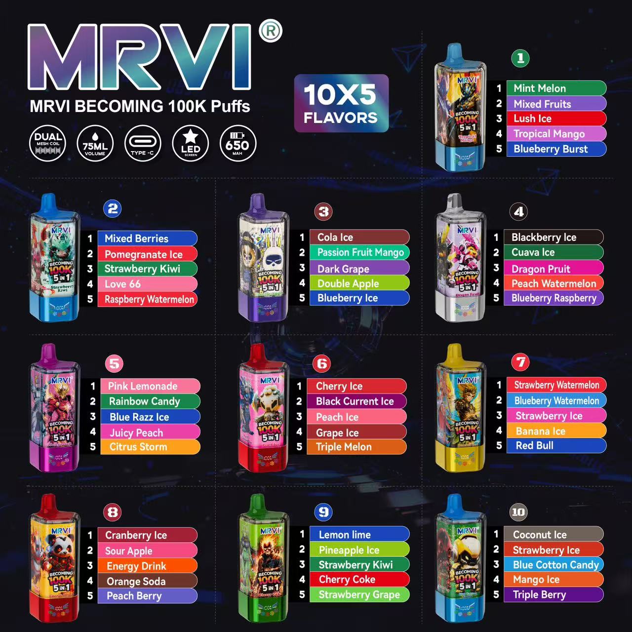 MRVI BECOMING 100K PUFFS With 5 in 1 flavor——10PCS/BOX